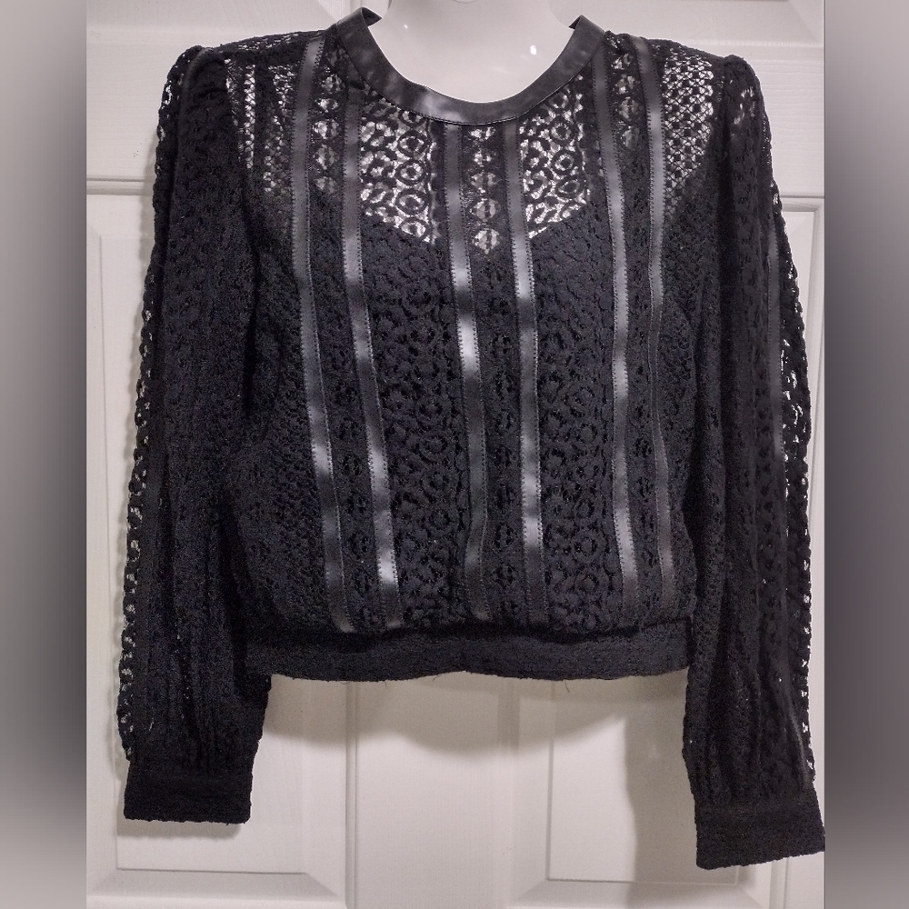 Express Black Faux Leather Trim Knitted Long Sleeve Blouse XS